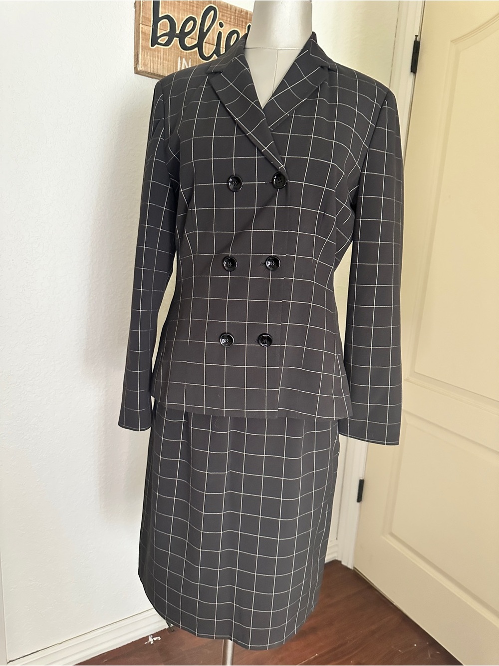 Larry Levine Black Windowpane Double-Breasted Blazer and Skirt Set